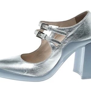 Prada metallic silver leather dual strap mary jane shoes with block heel.